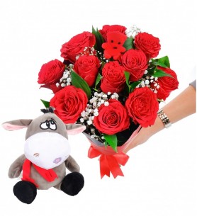 PELUŞ EŞEKLİ KIRMIZI GÜLLERDEN BUKET 11'Lİ